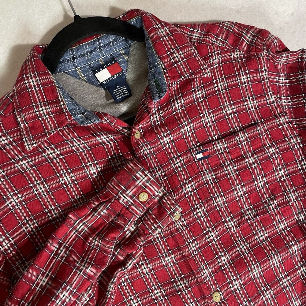 VTG Tommy Hilfiger Shacket Men’s M Red Lined Flannel Heavy Button Up Shirt Y2K